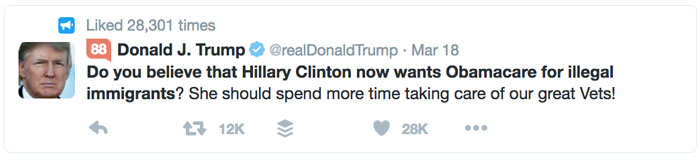 Donald J. Trump tweet Do you believe that Hillary Clinton now wants Obamacare for illegal immigrants?