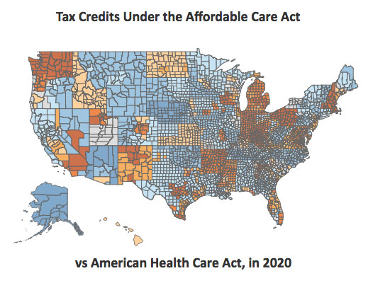 Tax credits under the Affordable Care Act vs. American Health Care Act in 2020.