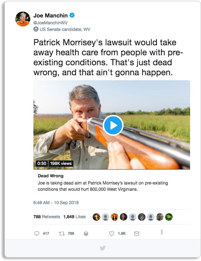 Patrick Morrisey's lawsuit would take away health care from people with pre-existing conditions. That's just dead wrong, and that ain't gonna happen. - Joe Manchin