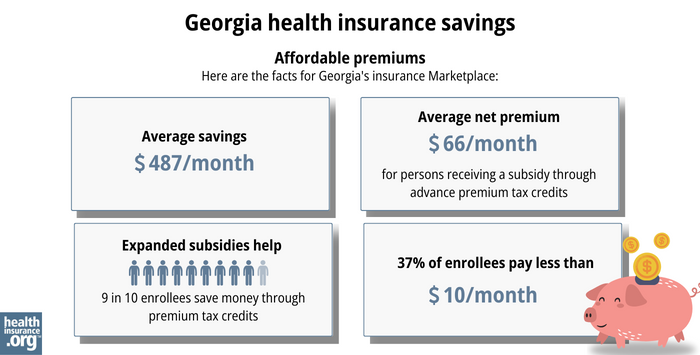 Here are the facts for Georgia’s insurance Marketplace: Average savings - $487/month. Average net premium - $66/month for a person receiving a subsidy through advance premium tax credits. Expanded subsidy help - 9 in 10 enrollees save money though premium tax credits. 37% of enrollees pay less than $10/month. 