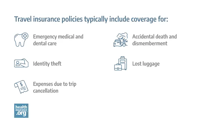 Travel insurance policies typically include coverage for: Emergency medical and dental care, Accidental death and dismemberment, Identity theft, Lost luggage, and Expenses due to trip cancellation