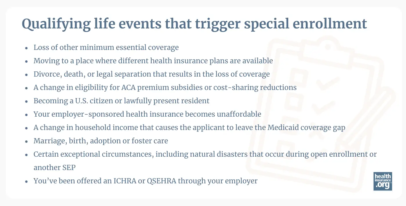 Qualifying life events that trigger special enrollment: Loss of other minimum essential coverage Moving to a place where different health insurance plans are available Divorce, death, or legal separation that results in the loss of coverage A change in eligibility for ACA premium subsidies or cost-sharing reductions Becoming a U.S. citizen or lawfully present resident Your employer-sponsored health insurance becomes unaffordable A change in household income that causes the applicant to leave the Medicaid coverage gap Marriage, birth, adoption or foster care Certain exceptional circumstances, including natural disasters that occur during open enrollment or another SEP You’ve been offered an ICHRA or QSEHRA through your employer