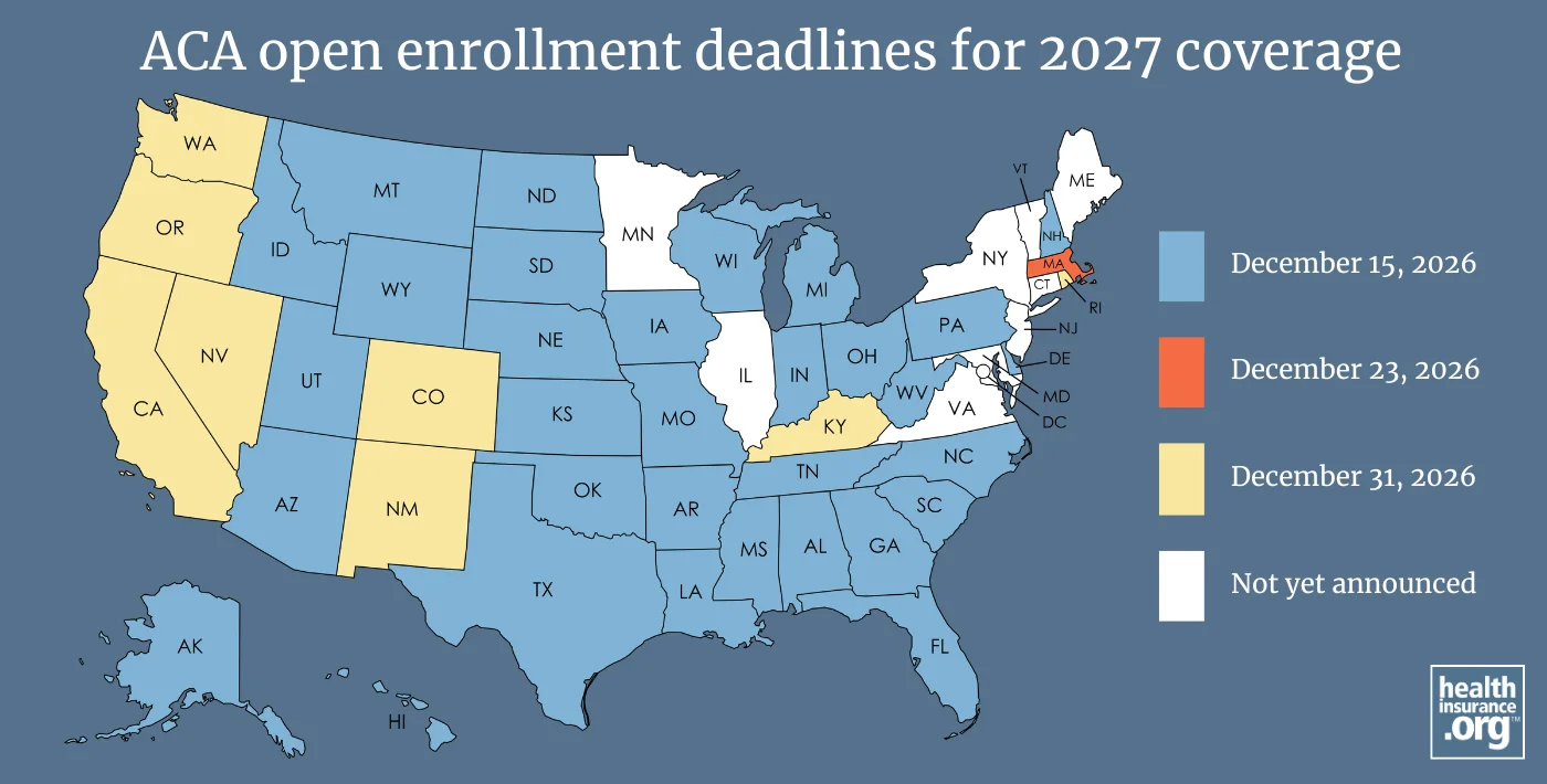 Map of ACA open enrollment deadlines for 2027 coverage