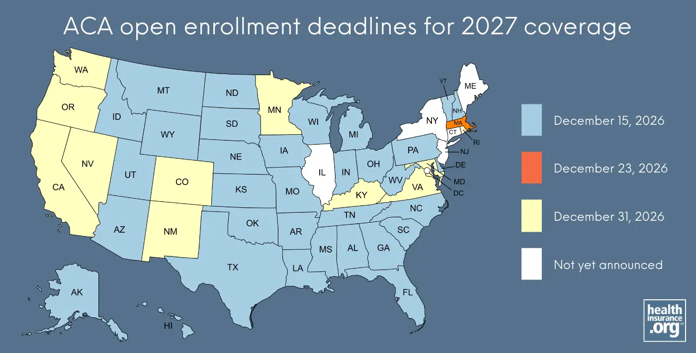 Map of ACA open enrollment deadlines for 2027 coverage