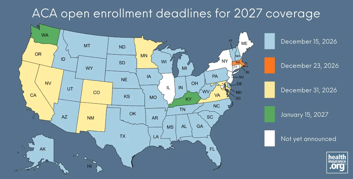 Map of ACA open enrollment deadlines for 2027 coverage