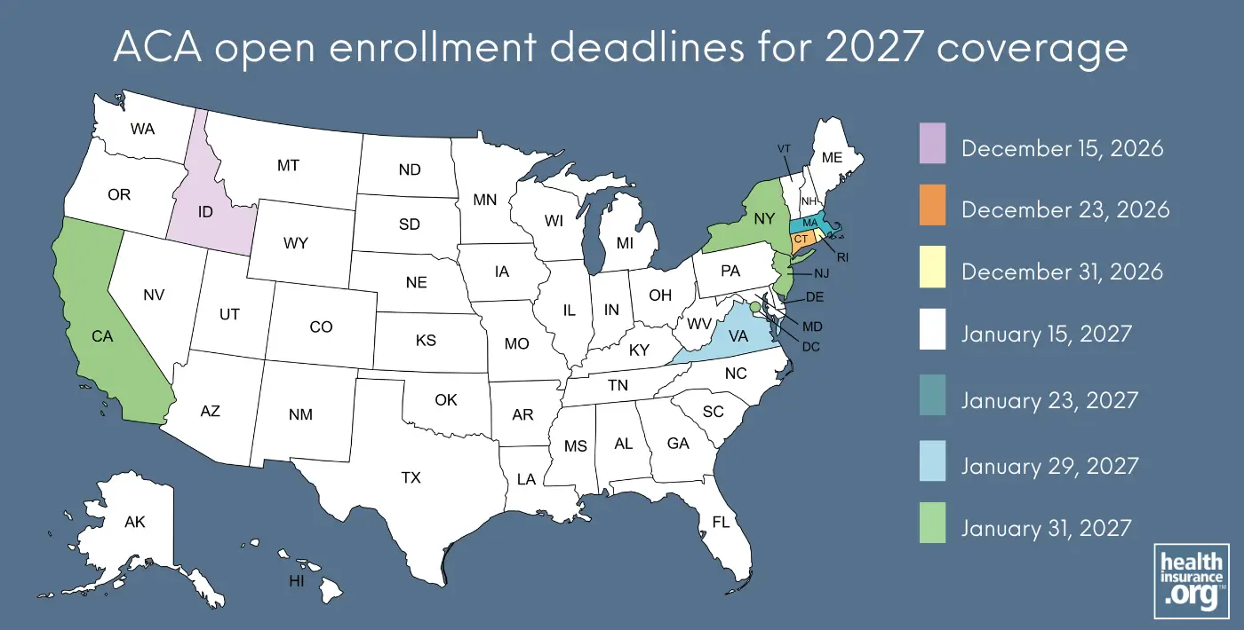 Map of ACA open enrollment deadlines for 2027 coverage