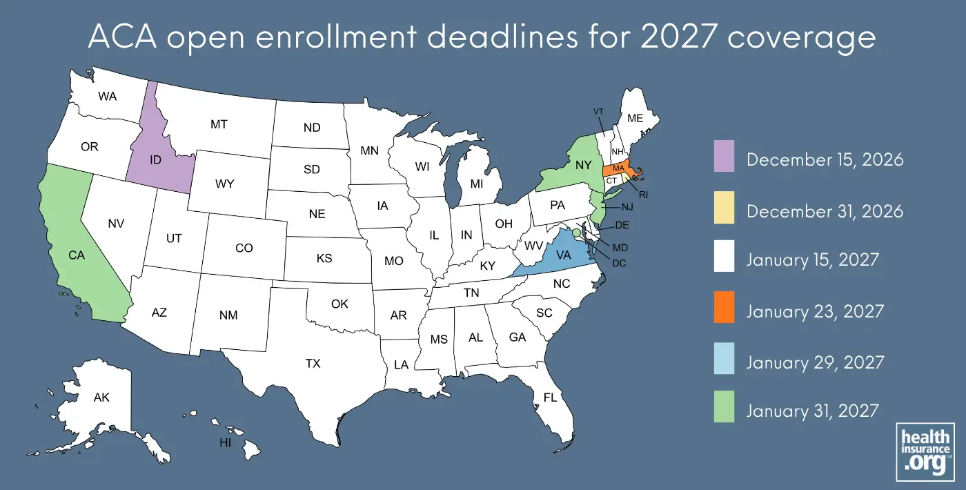 Map of ACA open enrollment deadlines for 2027 coverage
