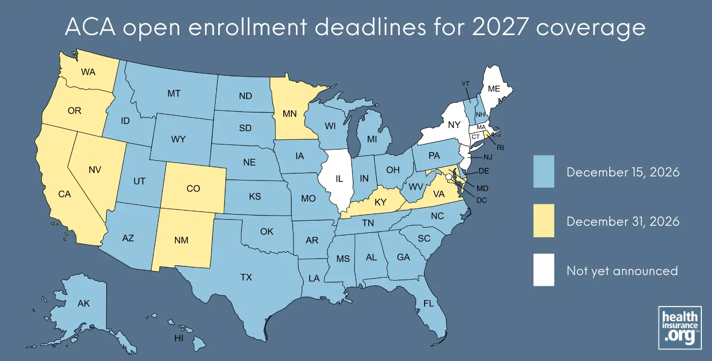Map of ACA open enrollment deadlines for 2027 coverage