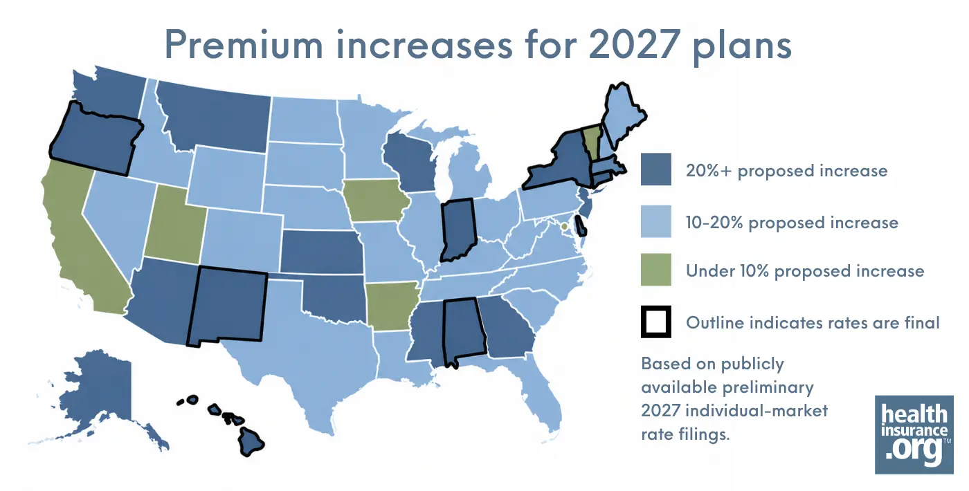 Map of premium increases on 2027 ACA health plans